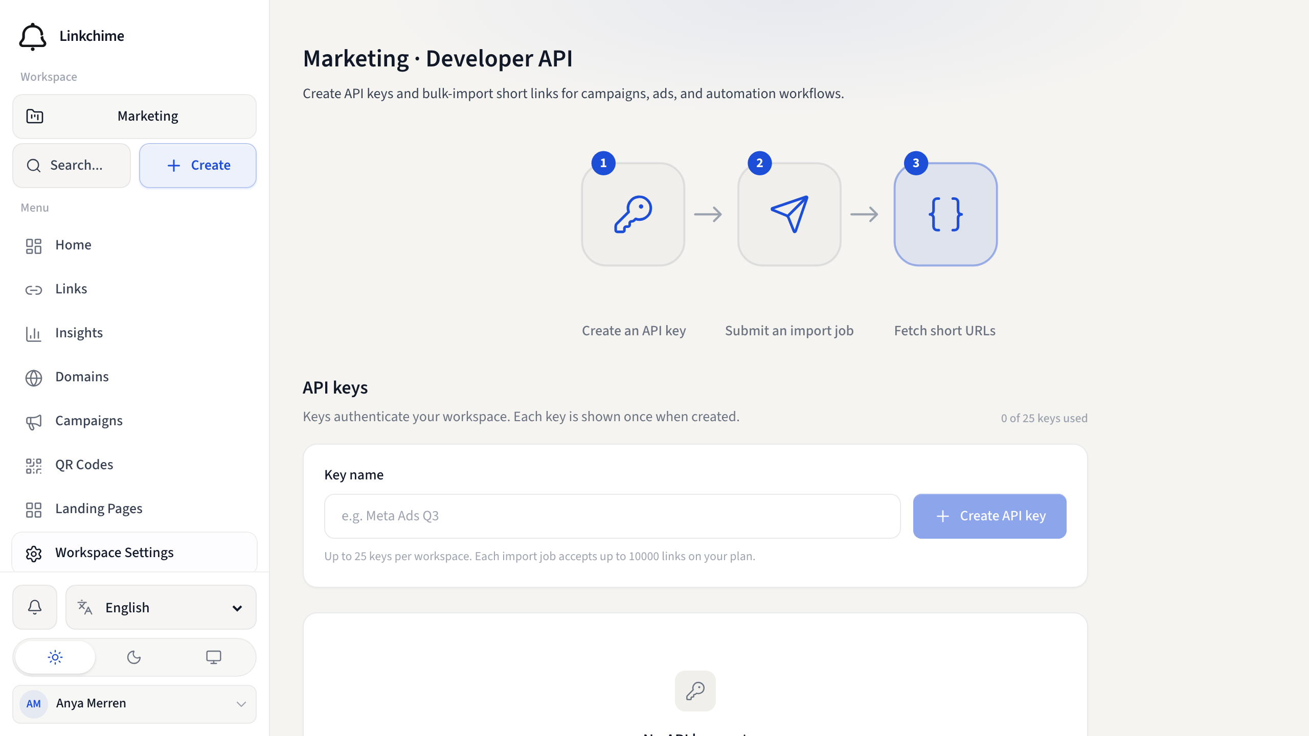 Developer API page with API keys