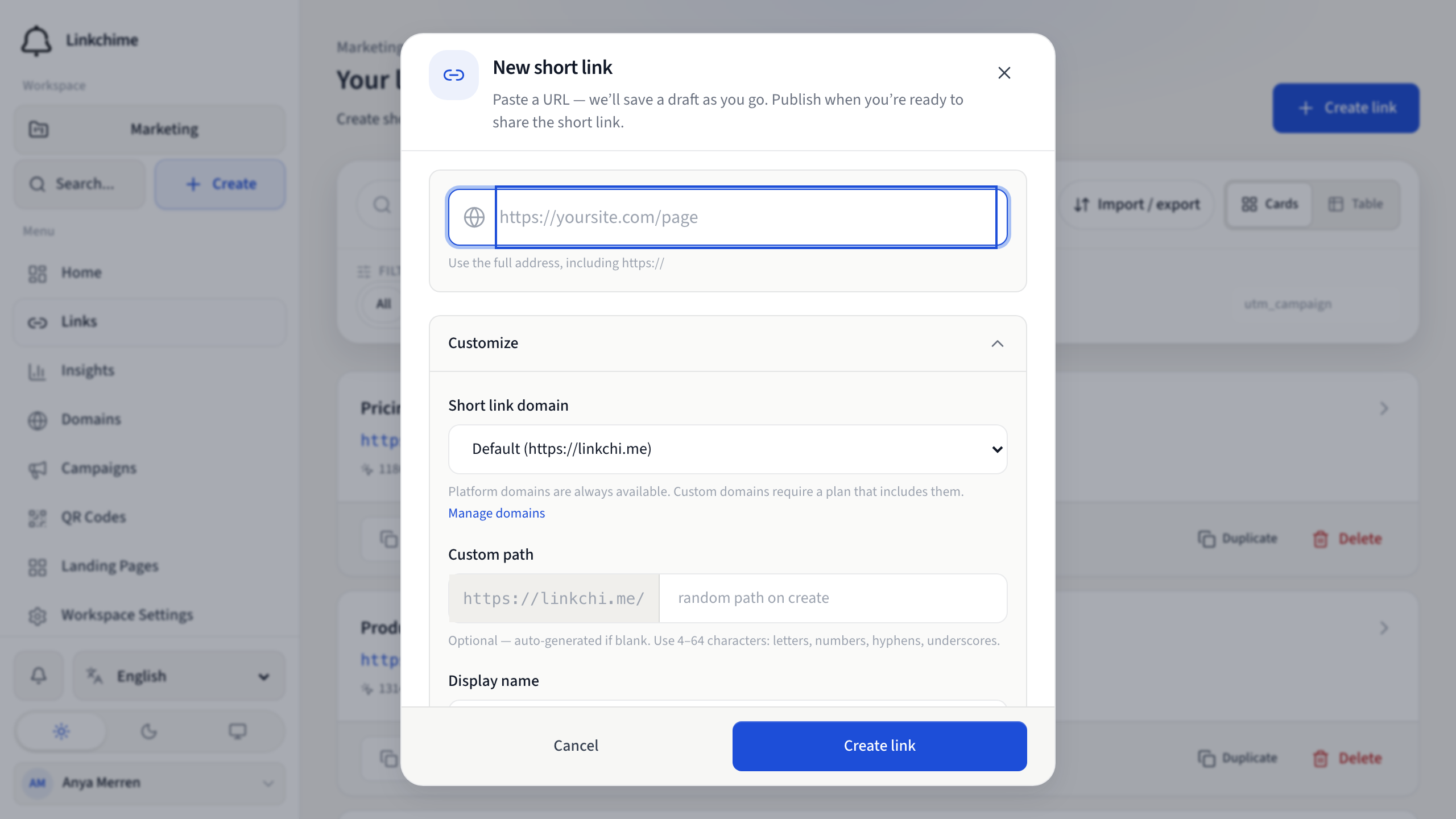 New short link dialog with destination URL and custom path