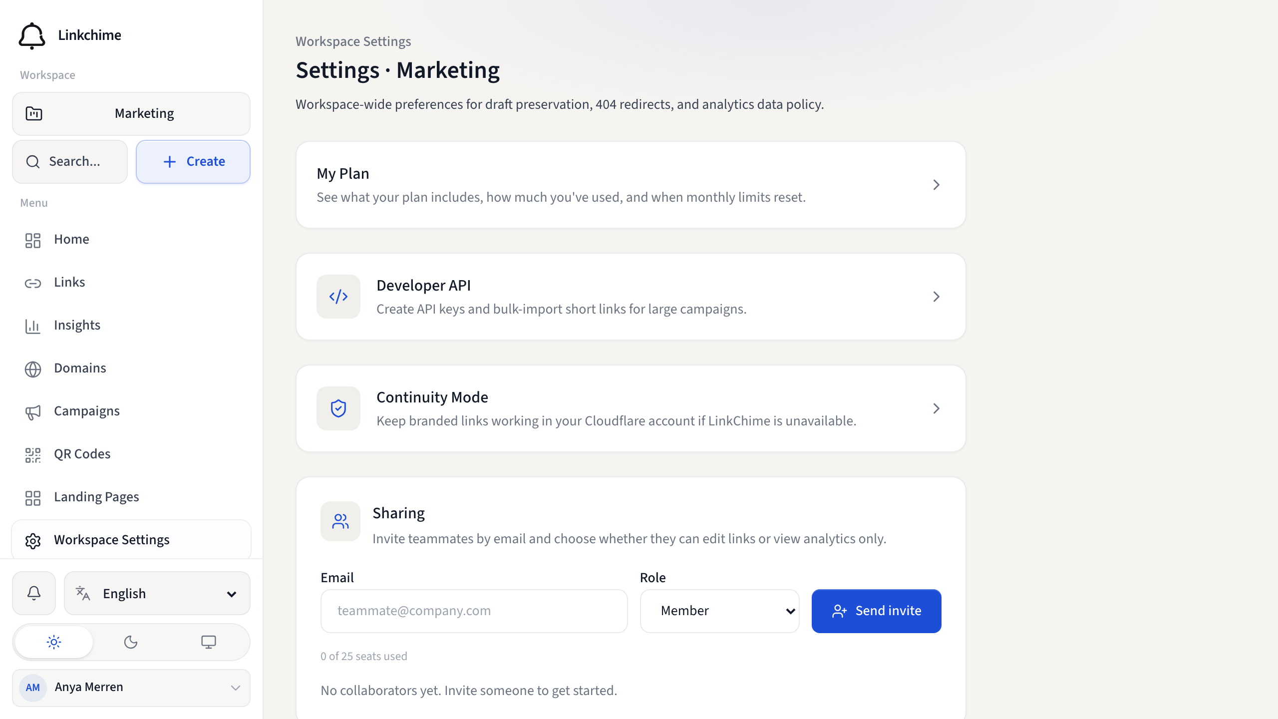 Workspace Sharing section for inviting members