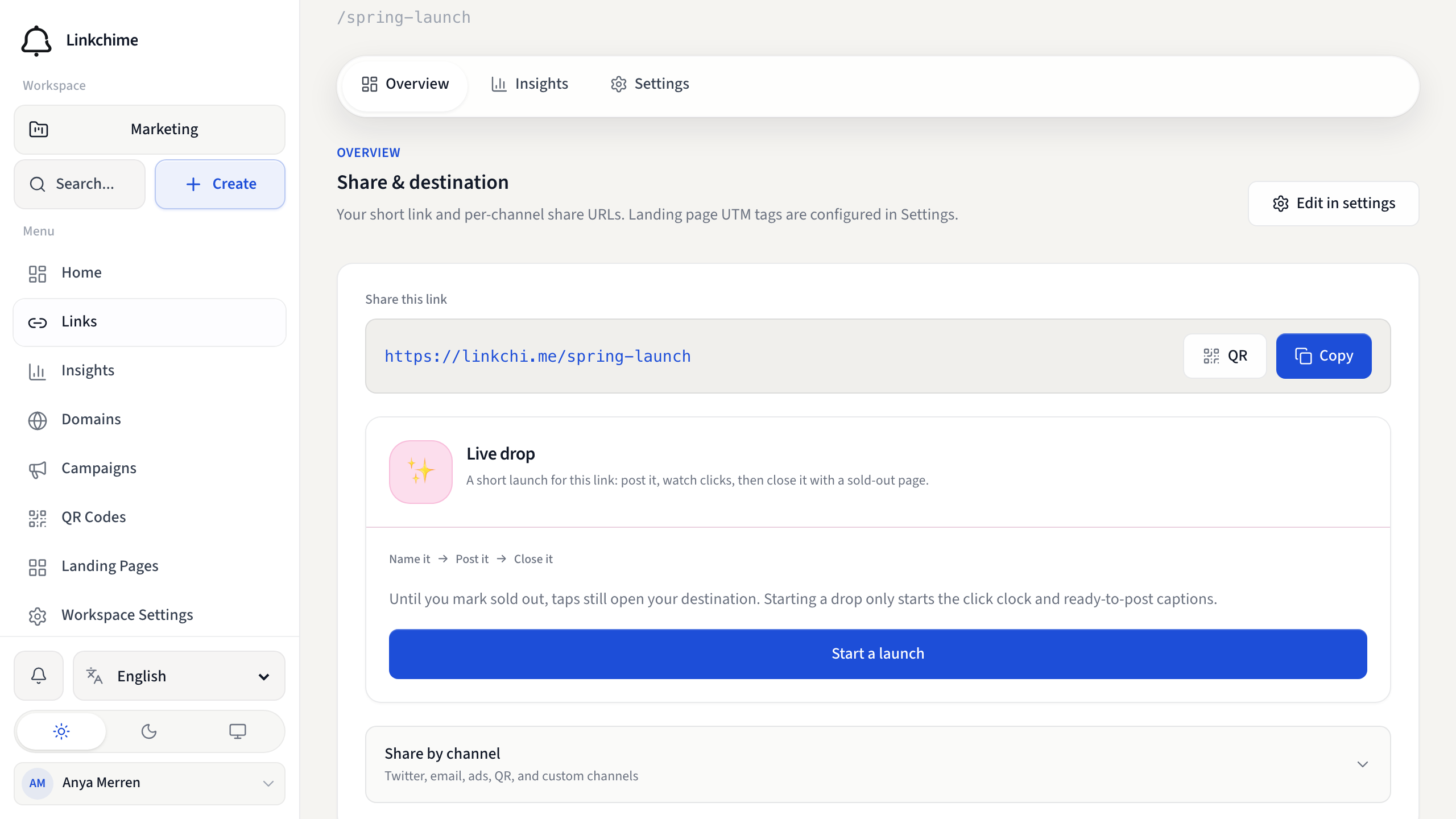 Link overview with short URL, share options, and performance snapshot