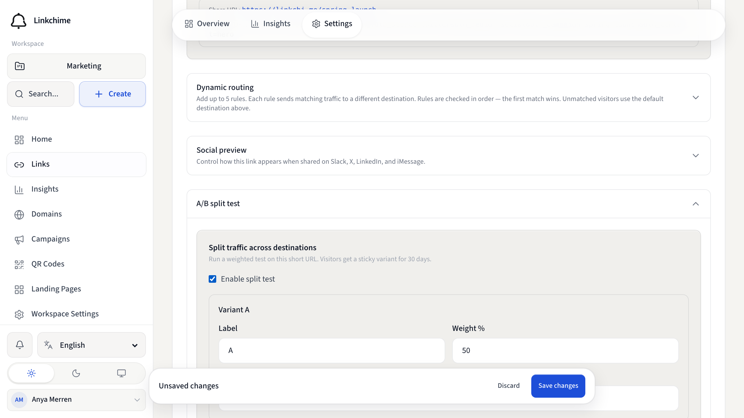 Link settings with A/B split test enabled
